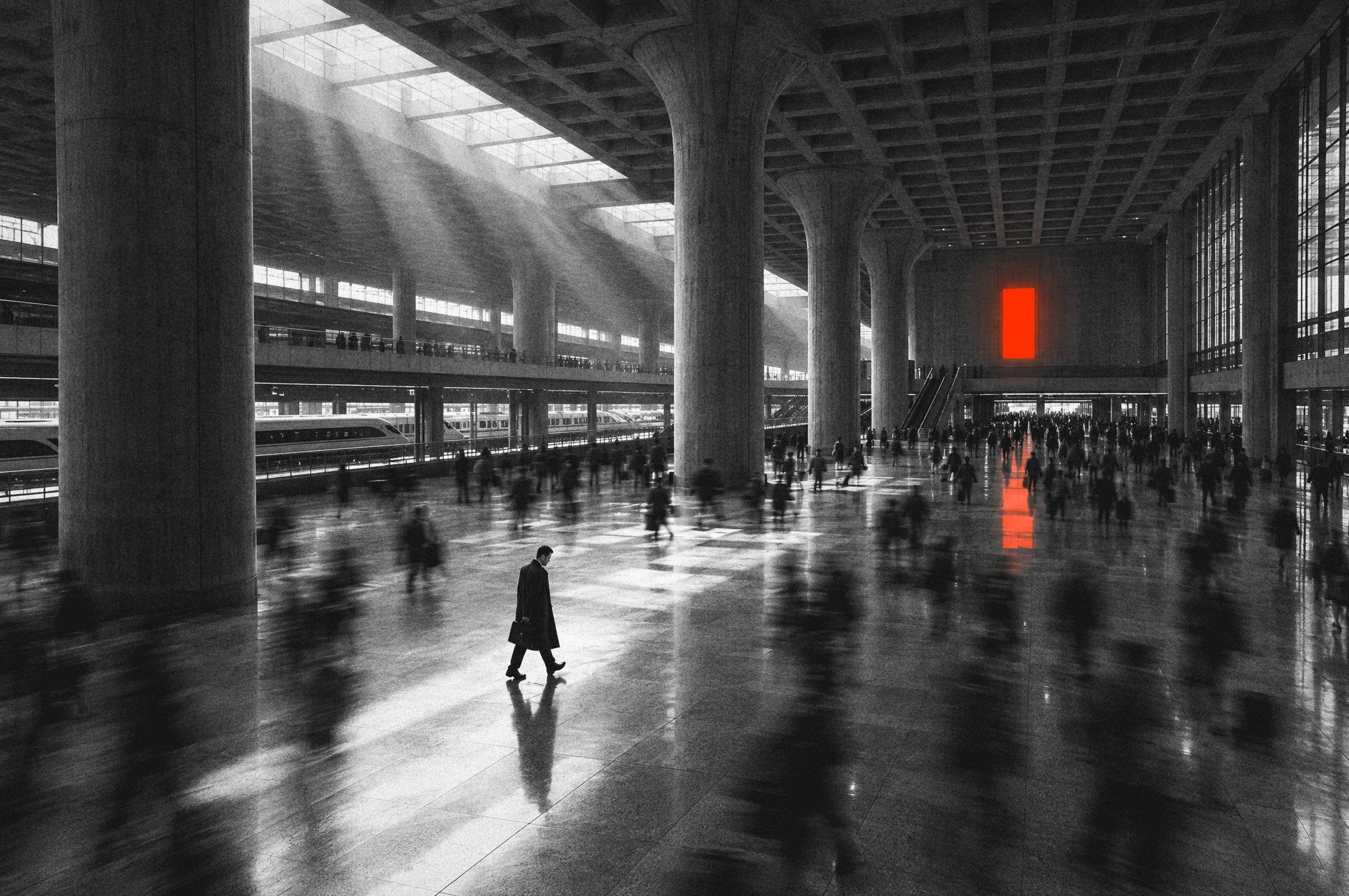 Un ejecutivo con abrigo largo camina nítido por el vestíbulo de hormigón de una estación de tren de alta velocidad, entre personas desenfocadas por el movimiento. Al fondo, un panel de luz roja.